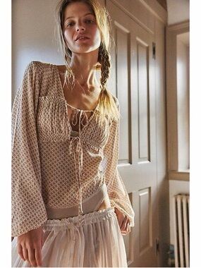 Free People Floral Cottagecore Bodysuit Top XS Boho Tie Front Long Sleeve